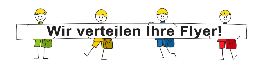 Illustration: Team hält Banner 'Wir verteilen Ihre Flyer!' – Service für Flyer-Auslage und Briefkasten-Verteilung
